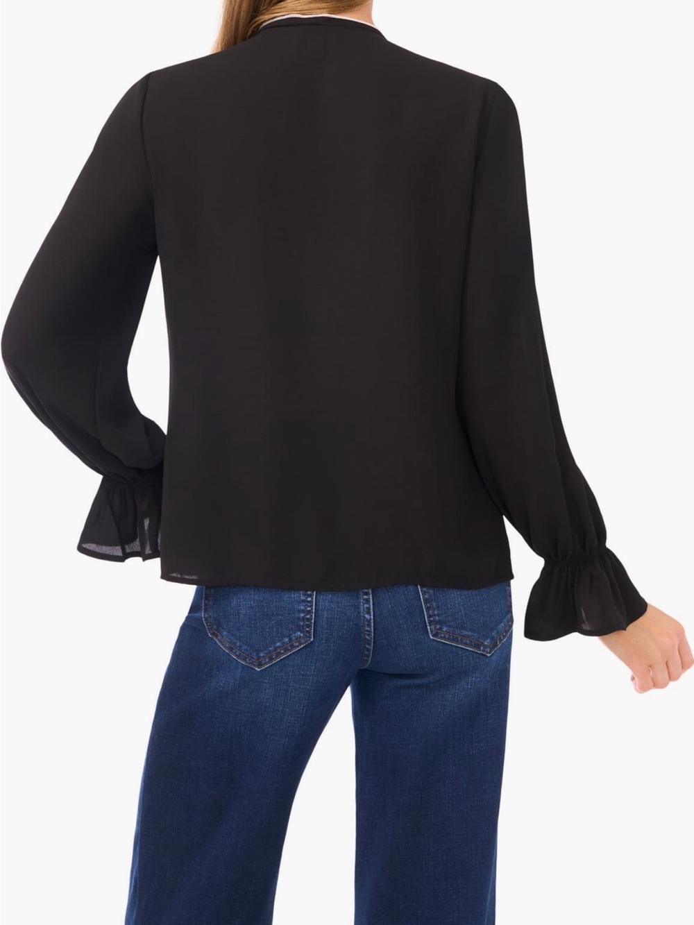 CeCe Contrast Trim Ruffle w/ Tie-Neck Blouse in Black and White Trim Size S - Picture 2 of 9
